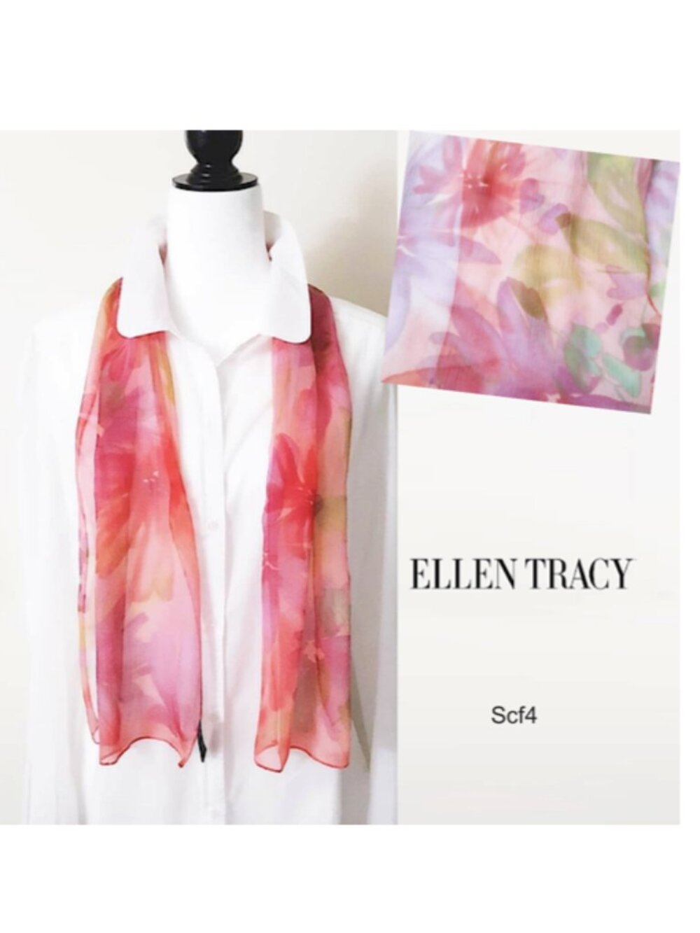 ELLEN TRACY 100% Silk Scarf Rectangle Sheer Soft Floral Arts Pink Purple Green
